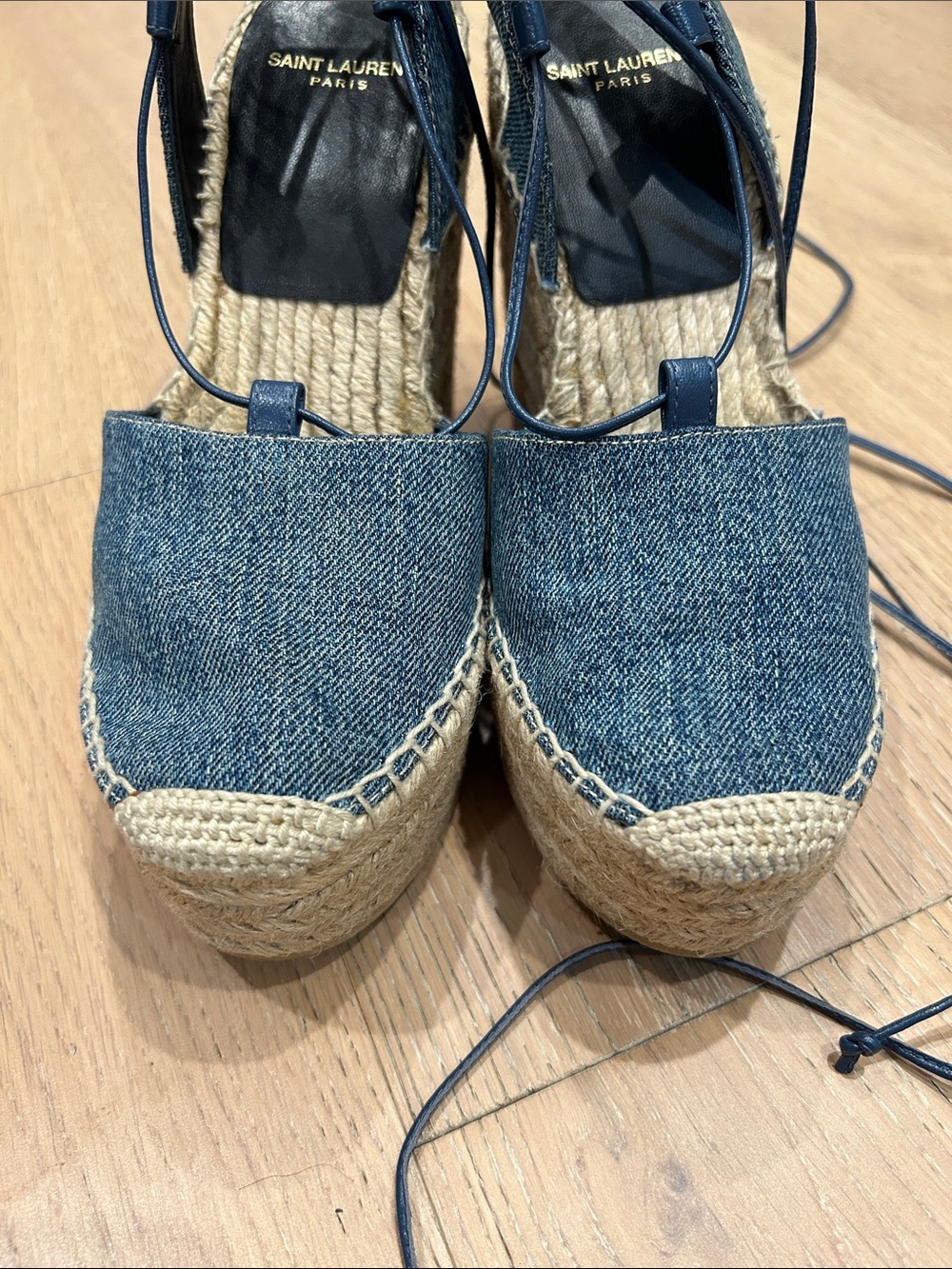 Saint Laurent Denim Espadrille Wedges in Blue with Jute Platform - Picture 3 of 12